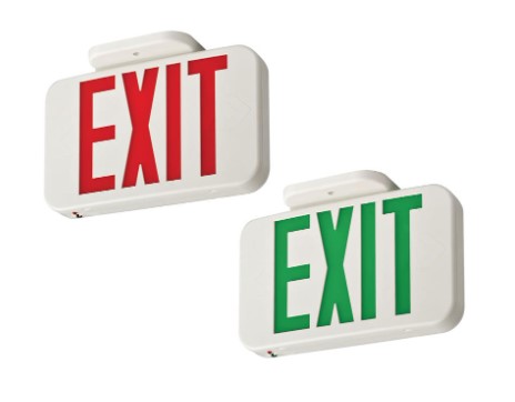 red / green switchable exit 
sign white housing, battery 
back up